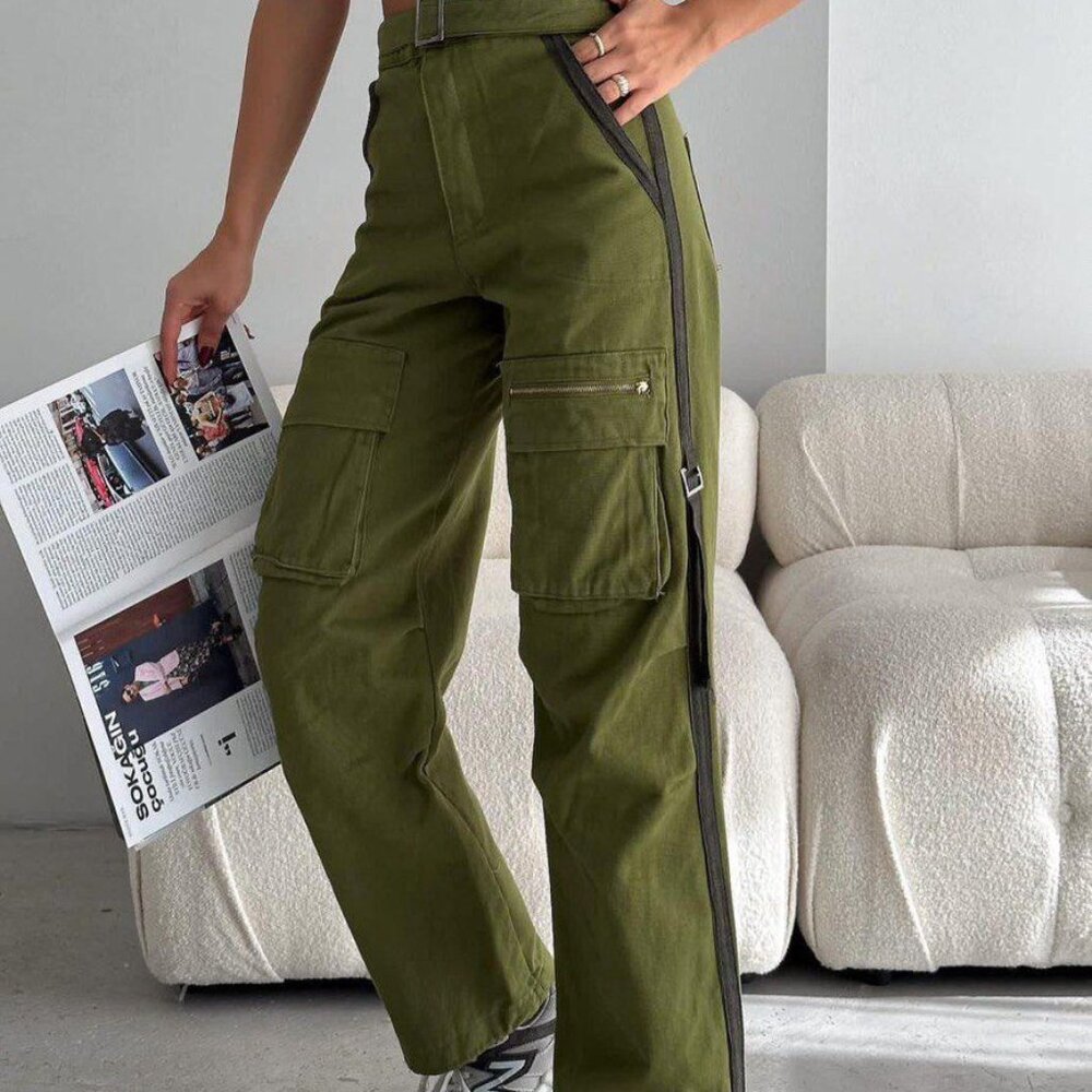 High-Waist Cargo Pants, Wide Leg with Zip Detail S, M, L, XL